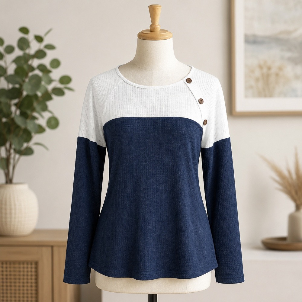 NWT Cupshe Waffle Knit Top Womens Large Blue White Colorblock Button Shoulder